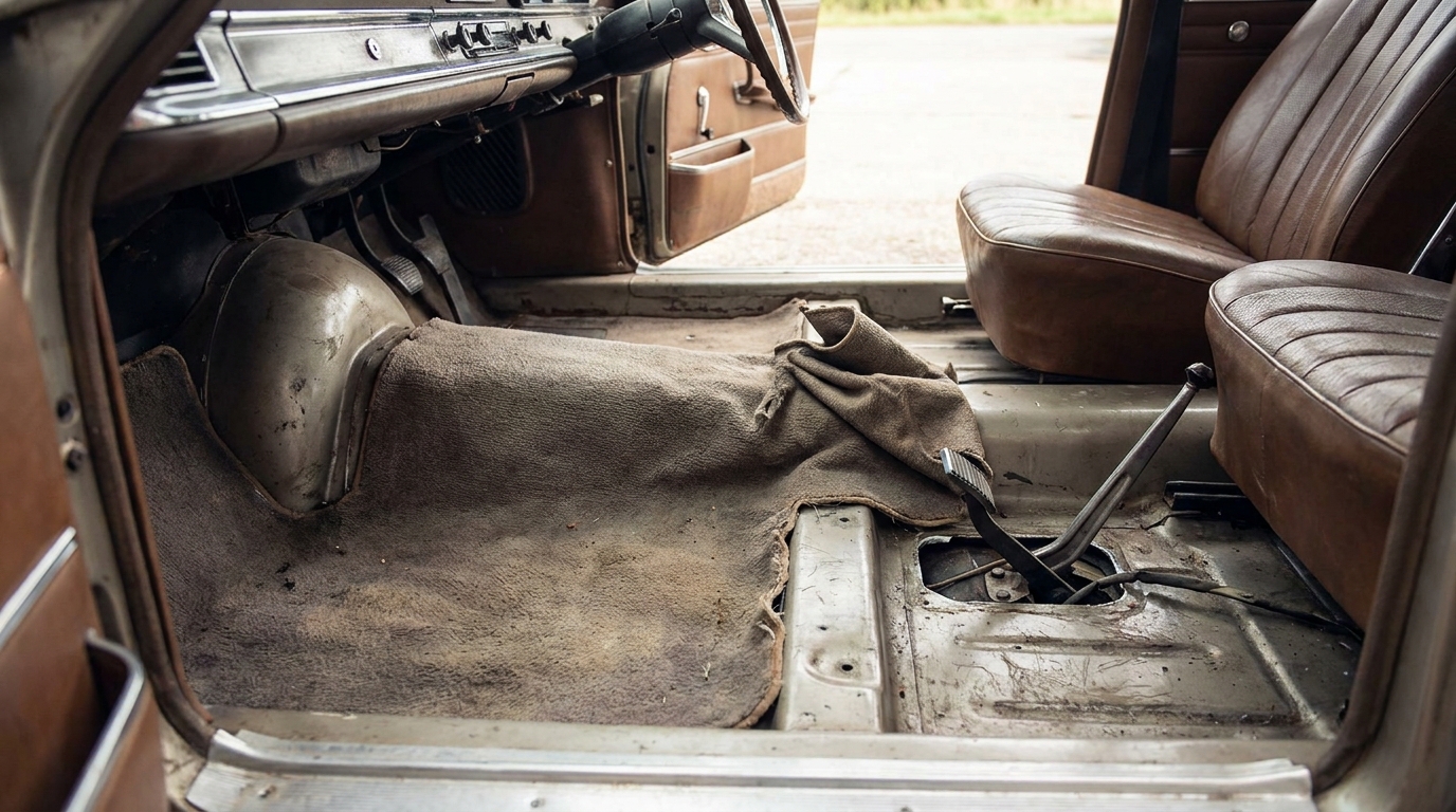 Alter Konfektionsteppich im Oldtimer mit Lücke am Radkasten und schiefem Pedalausschnitt