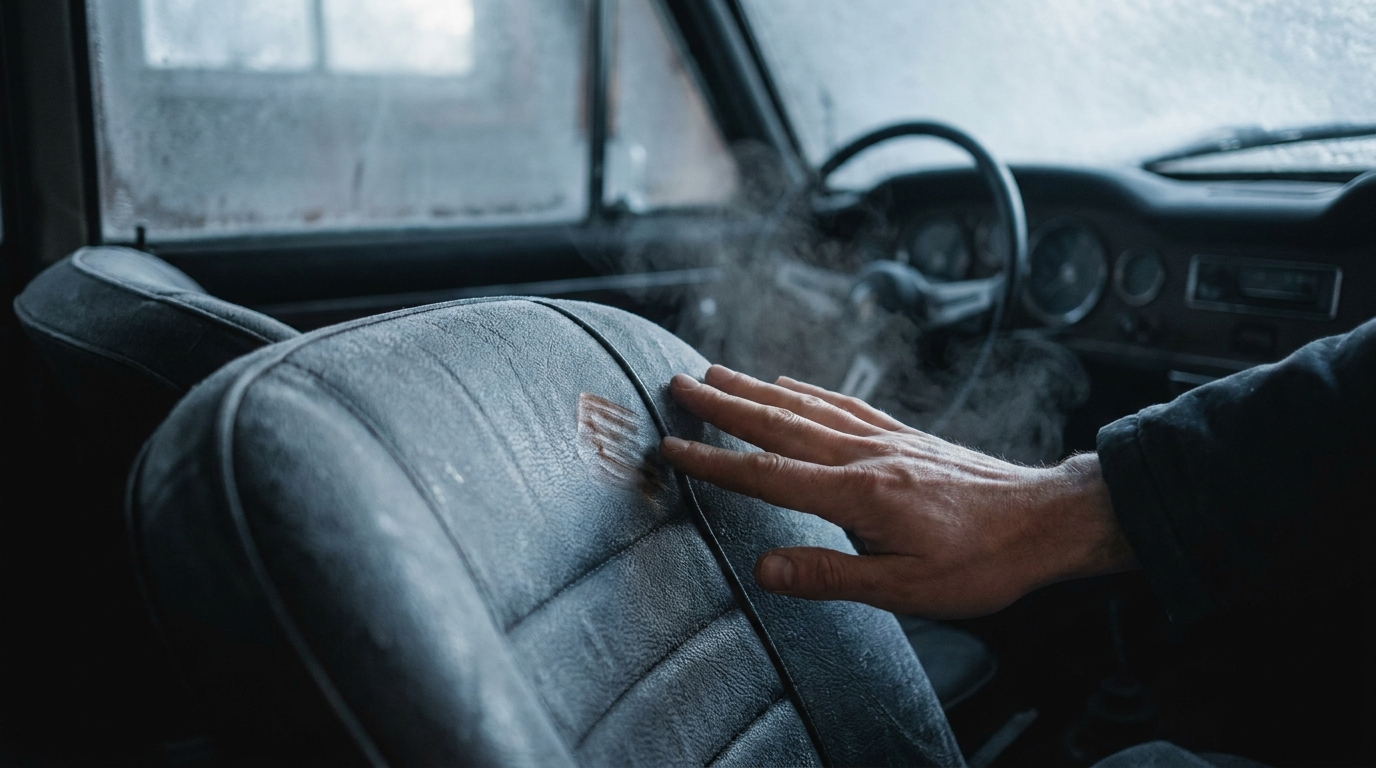 Hand berührt kalten Ledersitz eines Oldtimers in unbeheizter Garage an einem Wintermorgen